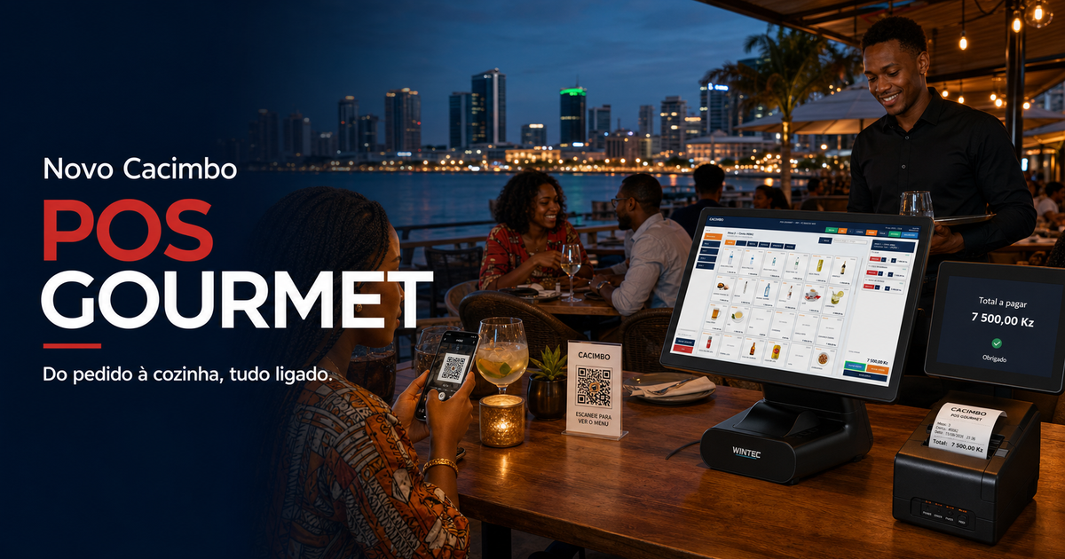 Cacimbo POS Gourmet num restaurante angolano moderno com terminal de duplo ecrã, QR Code e impressão