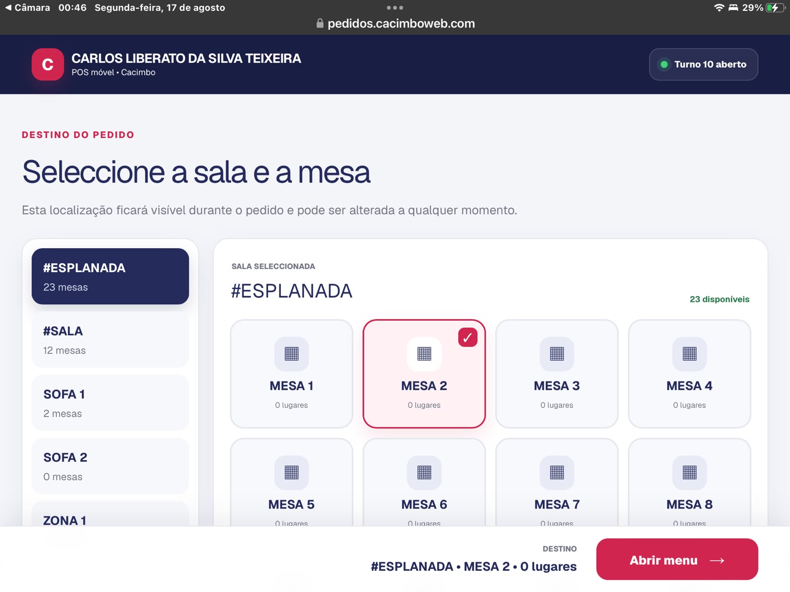 Escolher mesa no POS móvel Cacimbo Gourmet